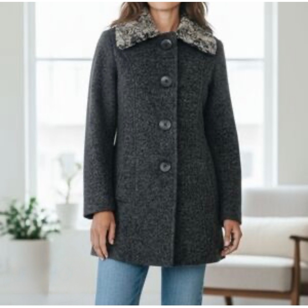 Marisol Women's Medium Wool Blend Jacket Grey Button Up Faux Fur Collar Italy